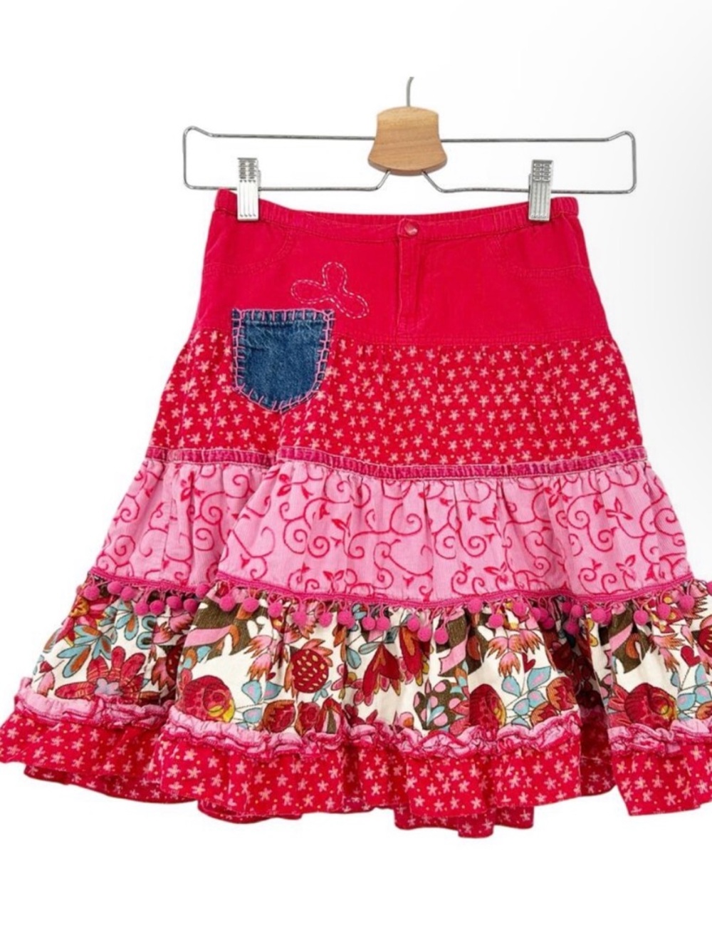 Mish Girls Cottagecore Mixed Media Corduroy Tiered Floral Pom Midi Skirt Size M‎ - Picture 3 of 3